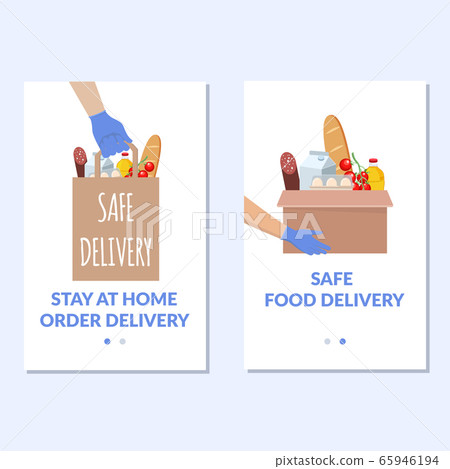 Safe delivery banner set. Vector food donation craft bag with different products in it. Delivery of 65946194