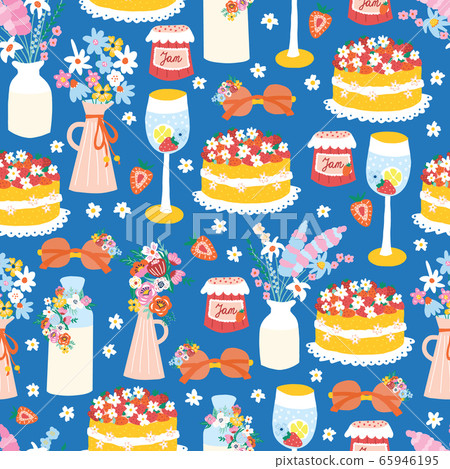 Summer garden party seamless vector pattern blue. Strawberry cake, wine cocktail, vase with flowers 65946195