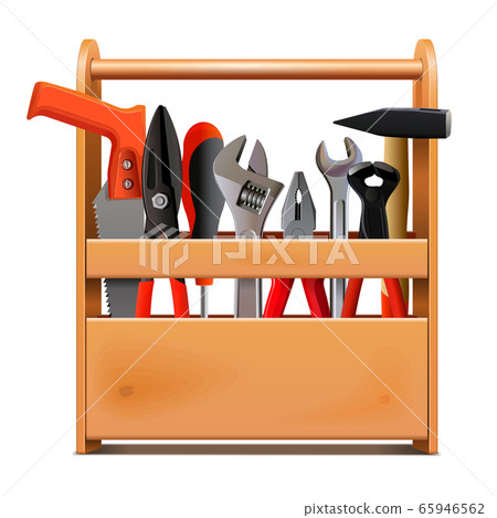 Vector Narrow Wooden Toolbox with Tools 65946562