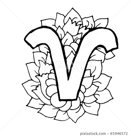 Zodiac sign Aries on doodle leaves and flowers background. Vector illustration. Zodiac sign Aries on doodle leaves and flowers background. Vector illustration. 65946572