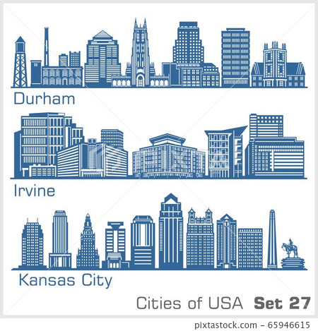 Cities of USA - Durham, Irvine, Kansas City. Detailed architecture. Trendy vector illustration. Cities of USA - Durham, Irvine, Kansas City. Detailed architecture. Trendy vector illustration. 65946615