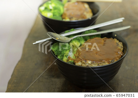Pork burger rice with homemade broccoli for lunch Pork burger rice with homemade broccoli for lunch 65947031