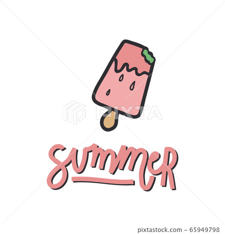 Handwritten lettering with an illustration. Illustration of ice cream on a stick with the inscription summer. Perfect for a poster or t-shirt design. The mood is summer. Handwritten lettering with an illustration. Illustration of ice cream on a stick with the inscription summer. Perfect for a poster or t-shirt design. The mood is summer. 65949798