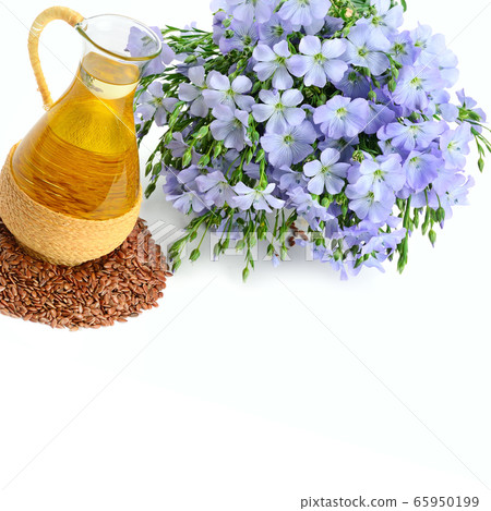 Linseed oil, flaxseed and flowers isolated on a 65950199