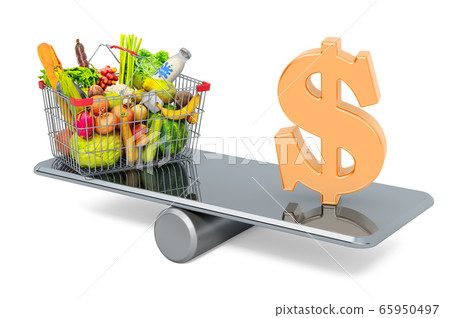 Shopping basket full of products and Dollar 65950497