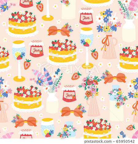 Garden party seamless vector pattern pink. Summer party table Strawberry cake, wine cocktail, vase 65950542