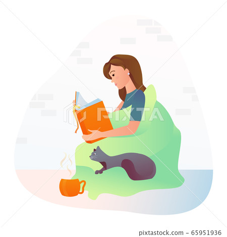 A girl drinks tea and reads a book while sitting on pillows with a cat. A girl drinks tea and reads a book while sitting on pillows with a cat. 65951936