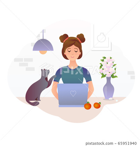 Young cute girl character sitting at the desk. She works with a laptop, drinks coffee, a red cat is lies near. Female freelancer, student, surf the Internet. Young cute girl character sitting at the desk. She works with a laptop, drinks coffee, a red cat is lies near. Female freelancer, student, surf the Internet. 65951940