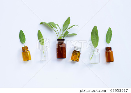 Essential oil with fresh sage leaves on white Essential oil with fresh sage leaves on white 65953917