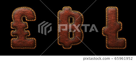 Set of symbols lira, baht, litecoin made of leather. 3D render font with skin texture isolated on black background. Set of symbols lira, baht, litecoin made of leather. 3D render font with skin texture isolated on black background. 65961952
