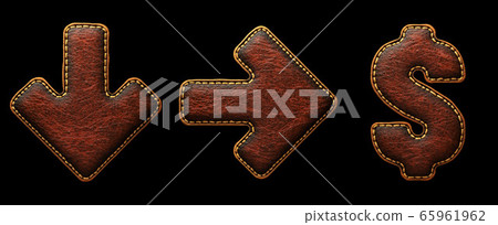 Set of symbols arrow to down, left arrow, dollar made of leather. 3D render font with skin texture isolated on black background. Set of symbols arrow to down, left arrow, dollar made of leather. 3D render font with skin texture isolated on black background. 65961962