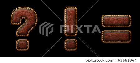 Set of symbols question mark, exclamation mark, equals made of leather. 3D render font with skin texture isolated on black background. 65961964