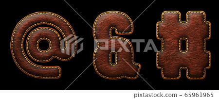 Set of symbols at, ampersand, hash made of leather. 3D render font with skin texture isolated on black background. Set of symbols at, ampersand, hash made of leather. 3D render font with skin texture isolated on black background. 65961965