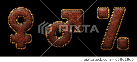 Set of symbols female, male, percent made of leather. 3D render font with skin texture isolated on black background. 65961966