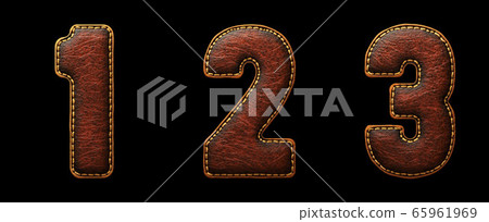 Set of numbers 1, 2, 3 made of leather. 3D render font with skin texture isolated on black background. Set of numbers 1, 2, 3 made of leather. 3D render font with skin texture isolated on black background. 65961969