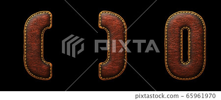 Set of symbols left and right parentheses, number 0 made of leather. 3D render font with skin texture isolated on black background. 65961970