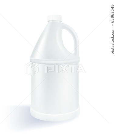 White cylindrical plastic gallon on a white background Used for milk product, alcohol, beverage, oil, water. Realistic file.	 65962549