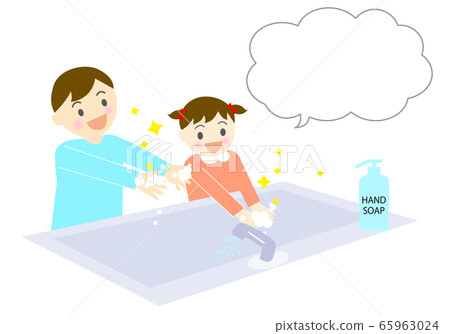 兒童洗手和講話泡泡的插圖 65963024