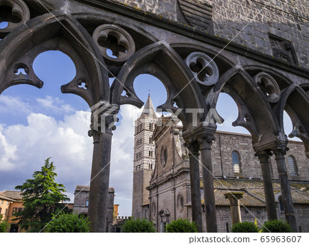 Viterbo, impressive view of Saint Lawrence romanesque cathedral from the Loggia of the Papal Palace, Lazio, central Italy 65963607