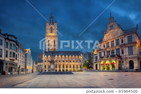 Ghent, Belgium. View of historic Town Hall and Belfry at dusk Ghent, Belgium. View of historic Town Hall and Belfry at dusk 65964500