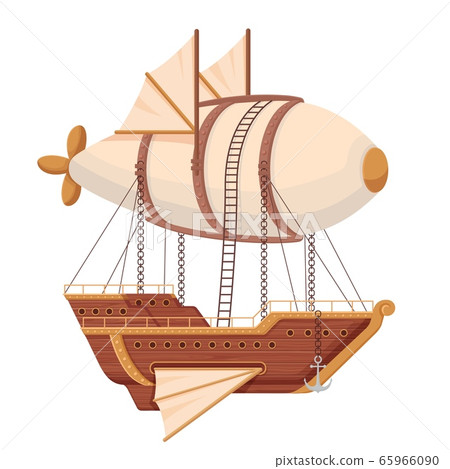 Flying ship airship. Futuristic ship with wings and balloon in technopunk style. 65966090