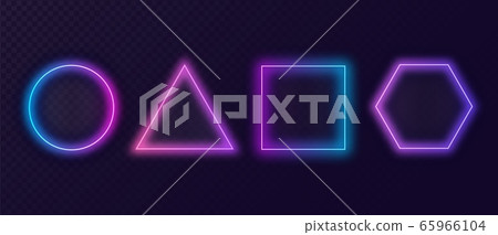 Neon geometric frames. Multicolor modern luminous circle frame red triangle energy square polygon. 65966104
