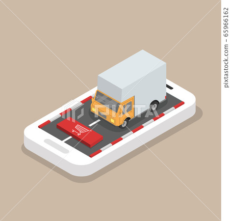 Isometric Yellow cargo truck on the mobile phone Isometric Yellow cargo truck on the mobile phone 65966162