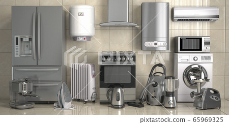Set of home kitchen appliances on the wall 65969325