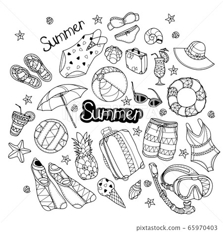 Set of summer beach icons. Doodle vector illustration. Isolated on white background 65970403