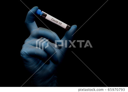 Hand in glove holding a test tube with the 65970793