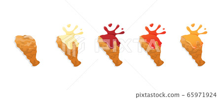 Set of fried chicken legs drumstick with different sauces splash, flat style vector illustration on white background, isolated. Set of fried chicken legs drumstick with different sauces splash, flat style vector illustration on white background, isolated. 65971924