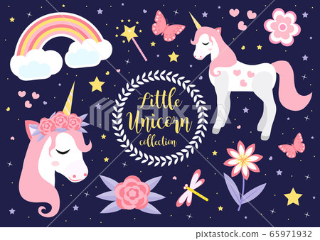 Cute little unicorn set, modern cartoon style. Fairytale collection for children with rainbow, flowers, stars, magic. Vector illustration 65971932