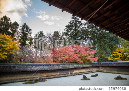 Ryoanji temple garden, stone garden with autumn leaves, autumn evening sky 65974086