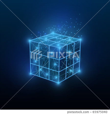 Intelligence and tech innovations. Glowing polygonal Rubik cube on dark blue background, illustration Intelligence and tech innovations. Glowing polygonal Rubik cube on dark blue background, illustration 65975040