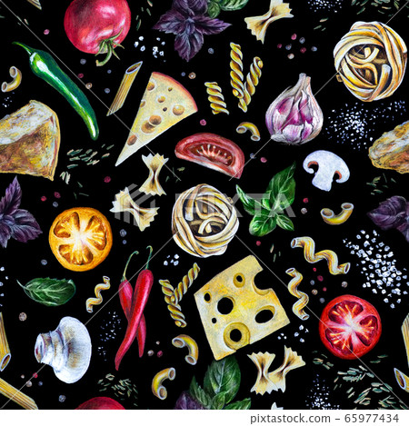 Hand-drawn seamless pattern. Italian pasta with tomatoes, cheese, basil, spice on black. Great idea for kitchen, food delivery flyer or restaurant menu or textile fabric tablecloth, napkins design 65977434