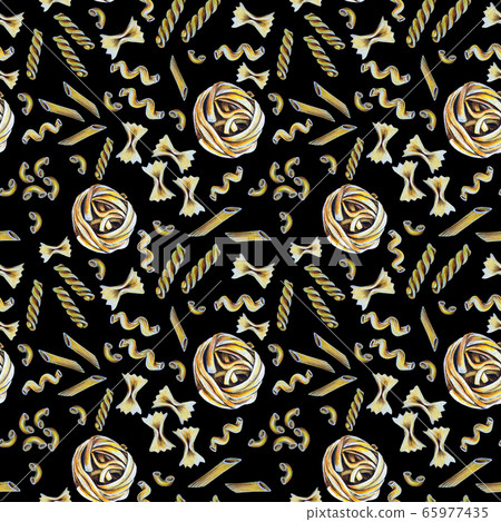 Hand-drawn seamless pattern. Italian pasta background on black. Great idea for kitchen, food delivery flyer or restaurant menu or textile fabric tablecloth, napkins design 65977435
