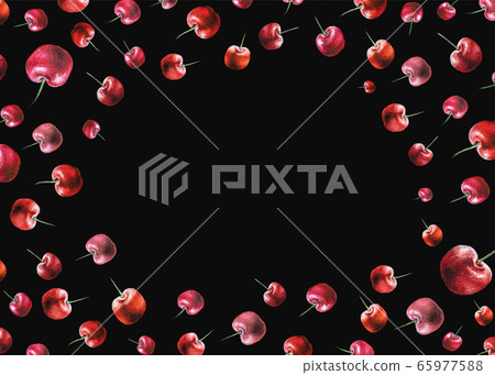 Hand drawn fresh red funky hipster summer cherry fruit on black dark background border frame ornament illustration. A4 A5 A3 international paper slide poster card with free blank copy space for text 65977588