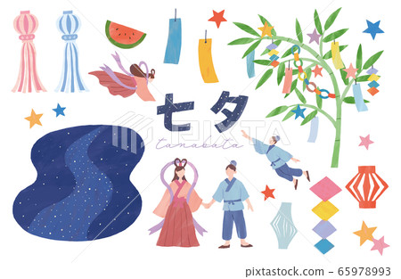 Tanabata set watercolor illustration Orihime Hikoboshi Sasa strips Milky Way watermelon Hoshi 65978993