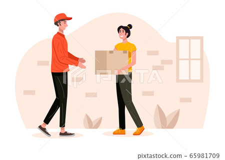 Delivery man picking up a package from young woman. Vector 65981709