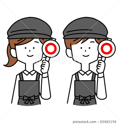 Male and female clerk with correct answer plate 65983159