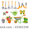 Set of various gardening items. Garden tools. Flat design illustration of items for gardening. Vector illustration. 65983398