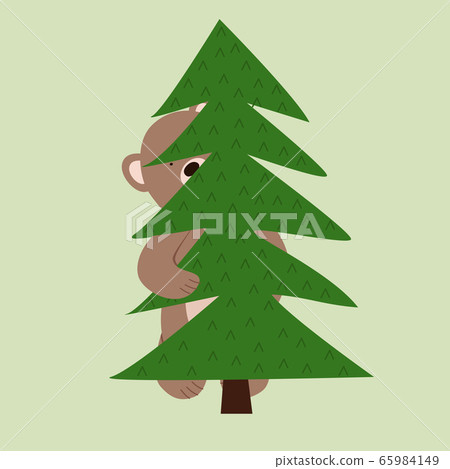 Funny little bear cub hiding peeks out from behind the tree. 65984149