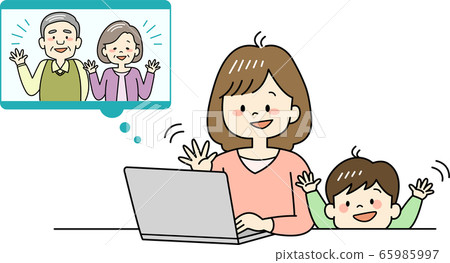 Parents and children making video calls with grandpa and grandma 65985997
