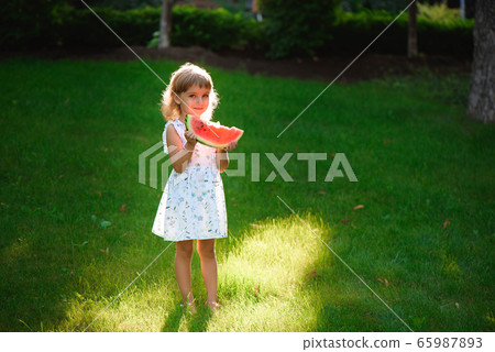 Cute little girl eating watermelon and enjoying picnic 65987893