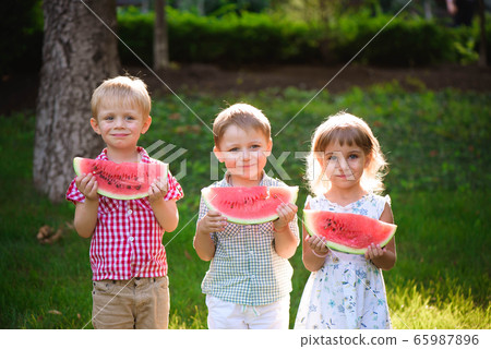 Funny kids eating watermelon outdoors in summer park. Funny kids eating watermelon outdoors in summer park. 65987896