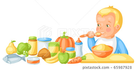 Background with cute little baby and food items. 65987928