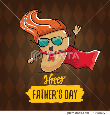 happy fathers day greeting card with cartoon father super potato isolated on brown background. fathers day vector label or icon with super dad potato 65988072