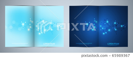 Vector template brochures or cover design, book, flyer, with molecules background and neural network. Abstract geometric background of connected lines and dots. Science and technology concept. 65989367