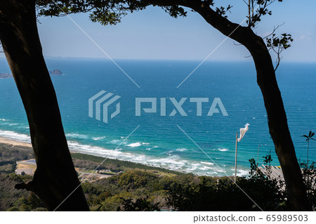 在樹的輪廓上可以看到美麗的大海,伊藤島的藍色大海 在樹的輪廓上可以看到美麗的大海,伊藤島的藍色大海 65989503