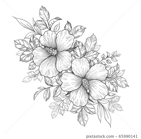 Hand Drawn Floral Bunch with Hibiscus Flowers Hand Drawn Floral Bunch with Hibiscus Flowers 65990141